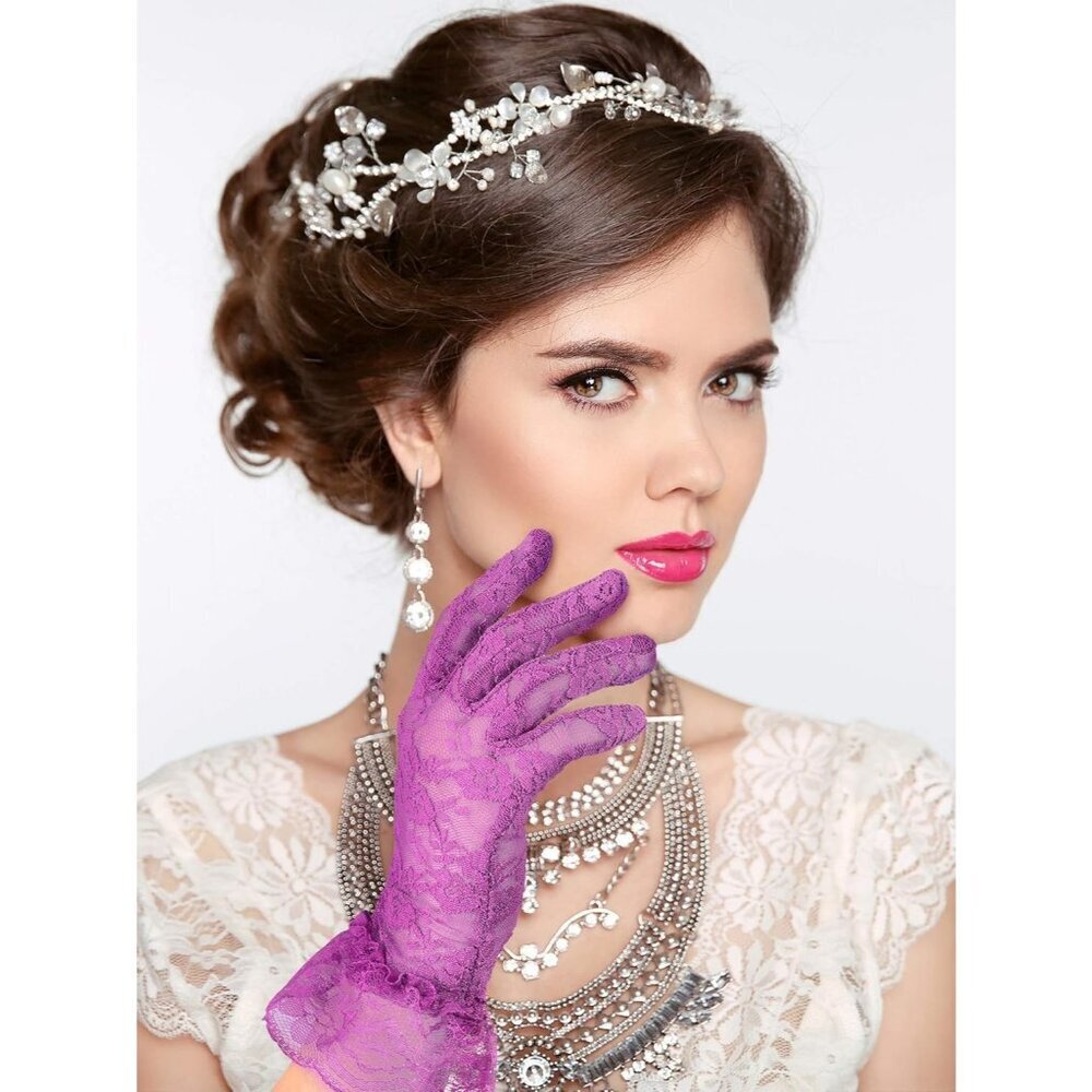 Women's Short Lace Courtesy Elegant Gloves Purple Wedding Dinner Opera Parties - Picture 4 of 6